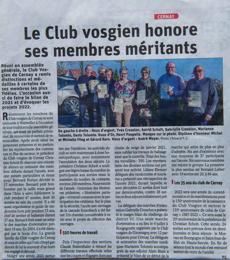 Le Club Vosgien honore ses membres méritants lors de l'AG du 05-03-2022